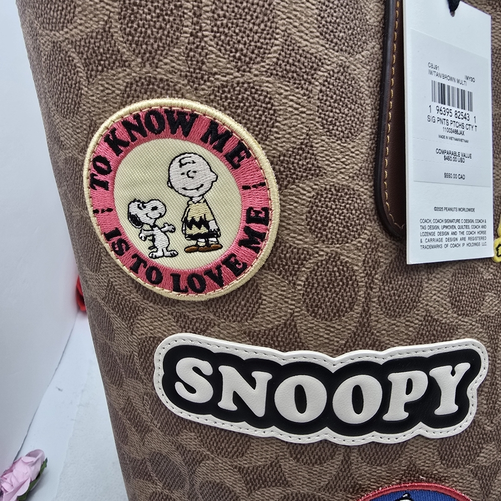 Coach x Peanuts City Tote with Snoopy, Lucy, Charlie Brown Patches Tan & Khaki - Picture 3 of 15
